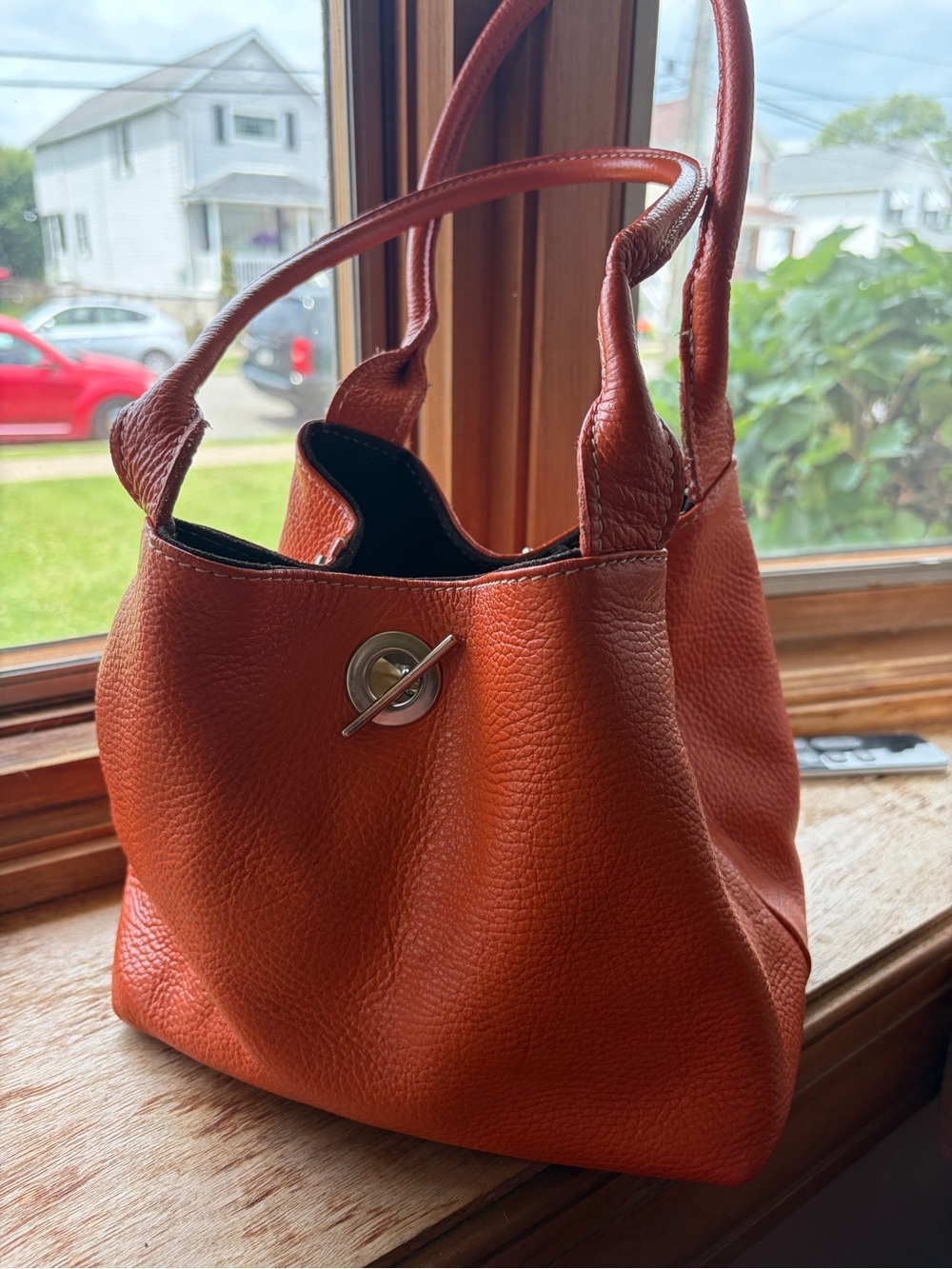 Orange Pebbled Leather Tote with Toggle Closures